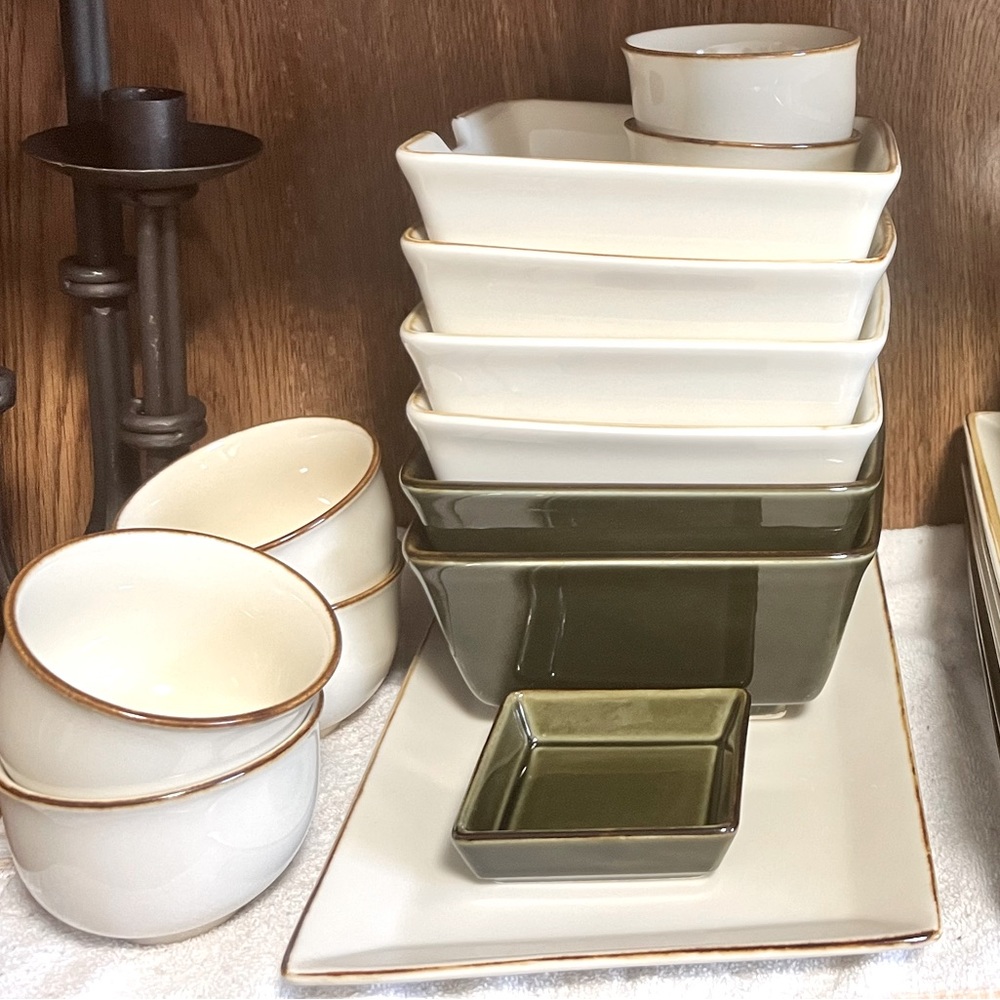 Potter Barn Asian square bowls, tea cups . Tan and Olive green